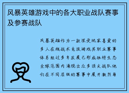 风暴英雄游戏中的各大职业战队赛事及参赛战队
