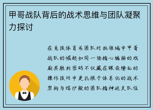 甲哥战队背后的战术思维与团队凝聚力探讨