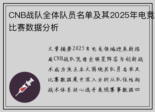 CNB战队全体队员名单及其2025年电竞比赛数据分析